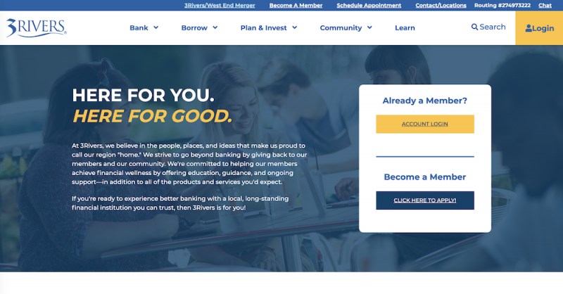 A screenshot of the 3riversfcu.org homepage from May 2020.