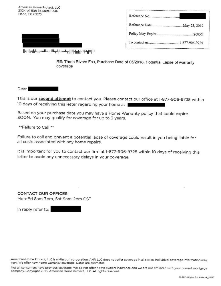 SCAM ALERT: Lapse of Home Warranty Coverage Letters from ...