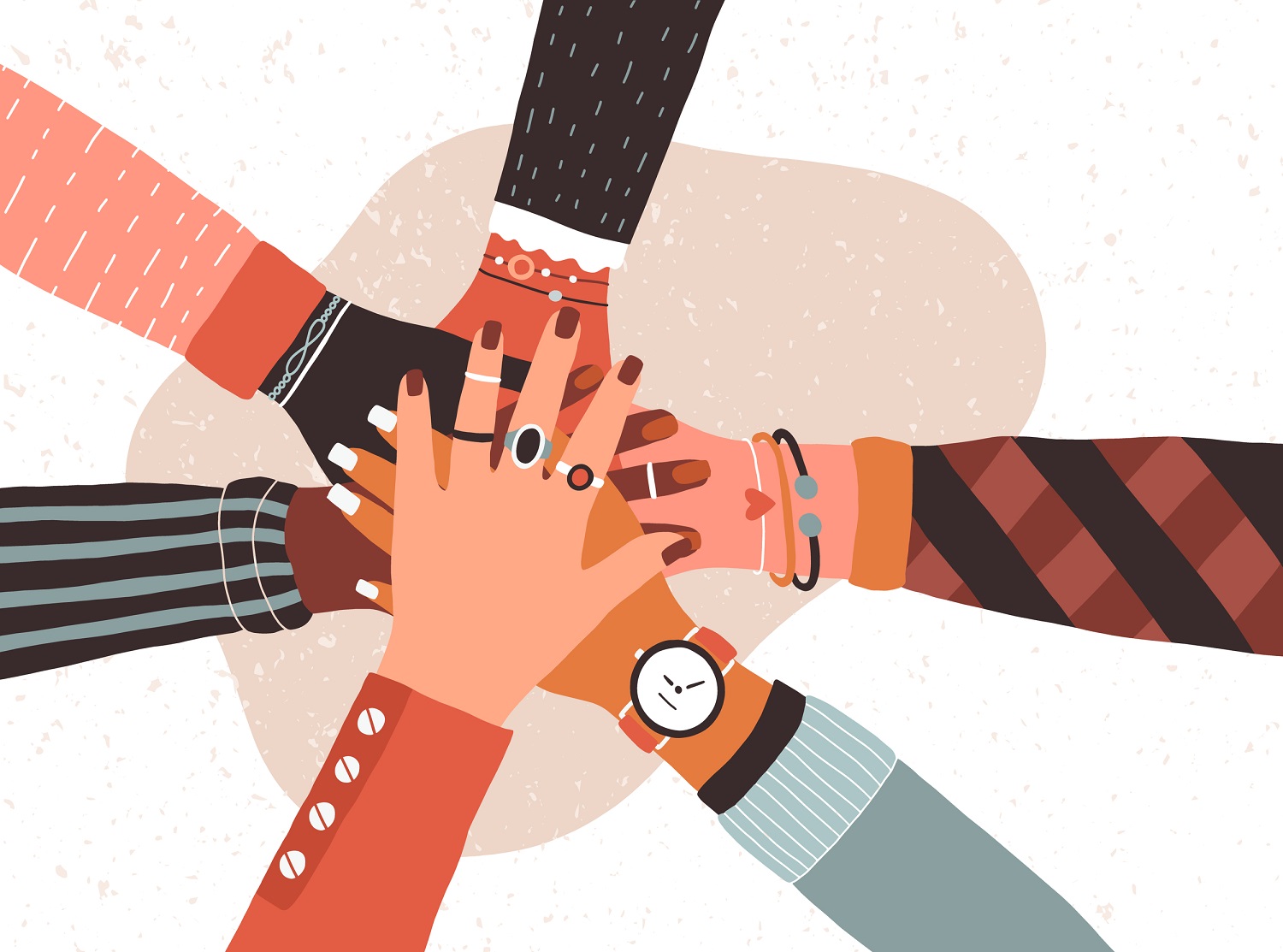 An illustration of a group of connected hands symbolizing support.