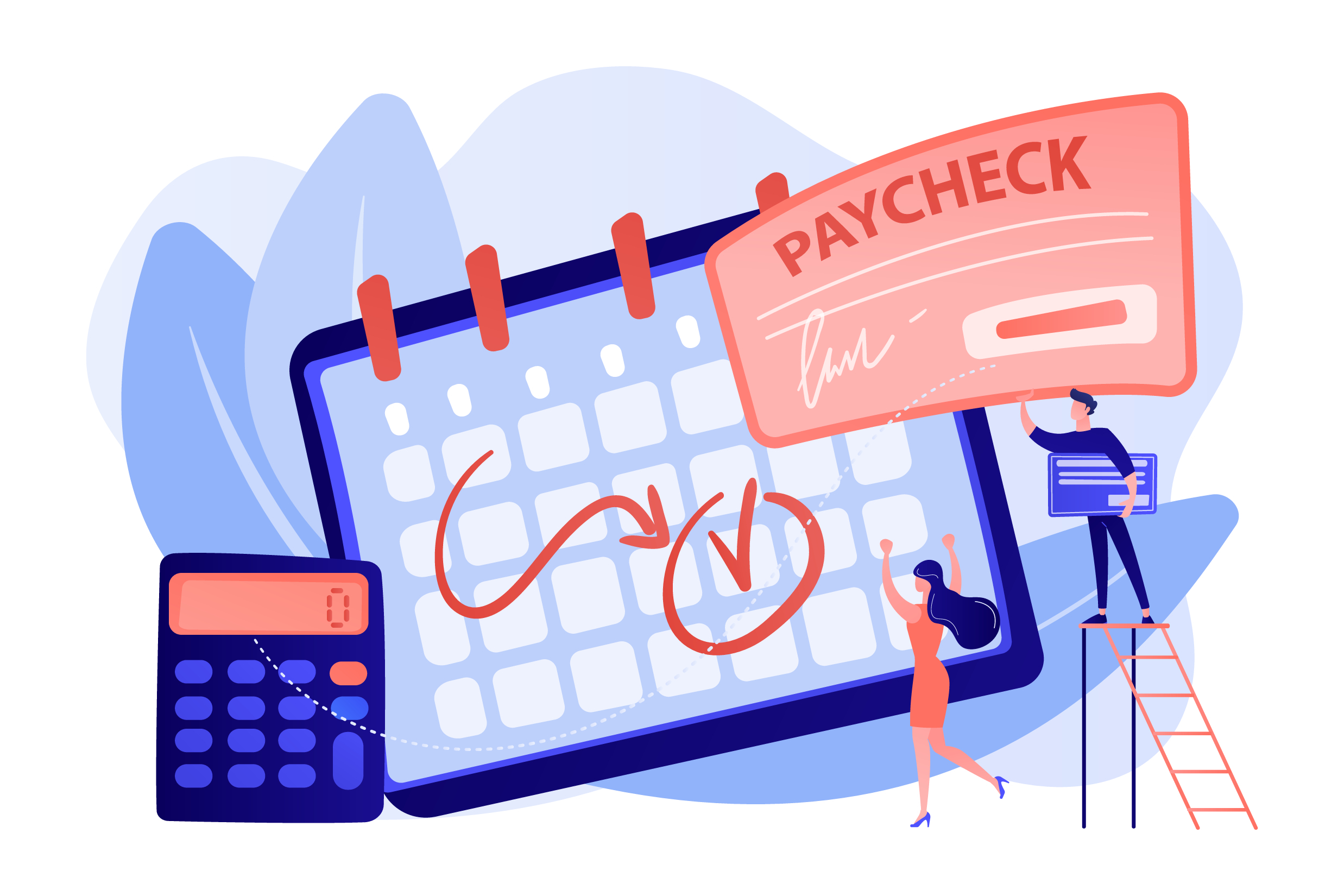 Illustration showing paycheck, calendar, and calculator.