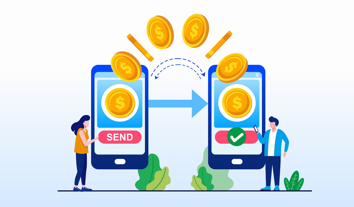 An illustration showing money being transferred from one mobile phone to another.